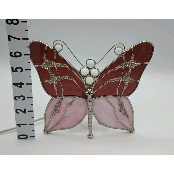 Stained Glass Purple & Pink Butterfly Night Light 7"x8" Silver Accents H6 - Picture 4 of 9